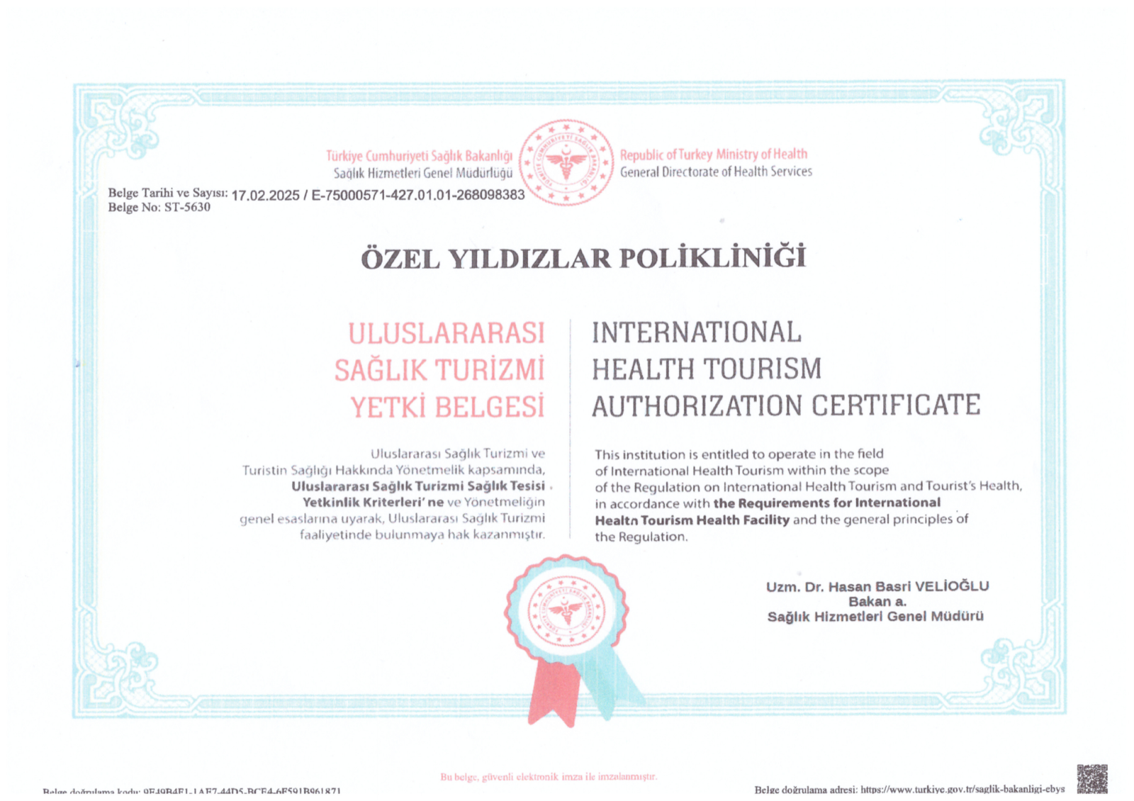 Yıldızlar Polikliniği Sağlık Turizmi Yetki Belgesi